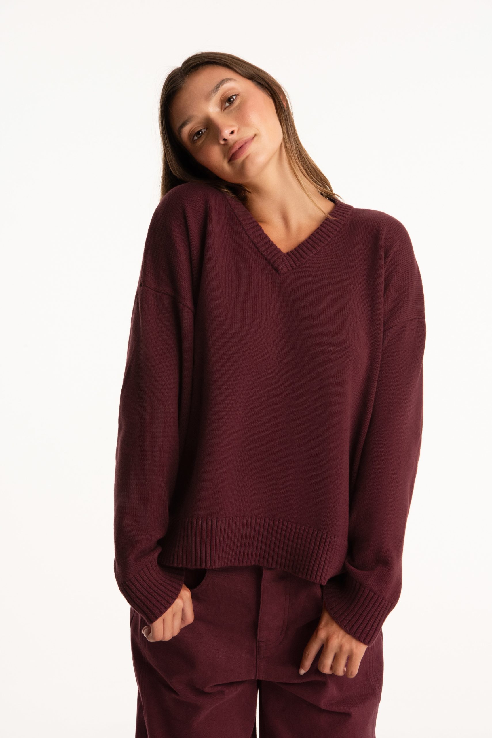 SET X PARKE COTTON V-NECK SWEATER - RHUBARB