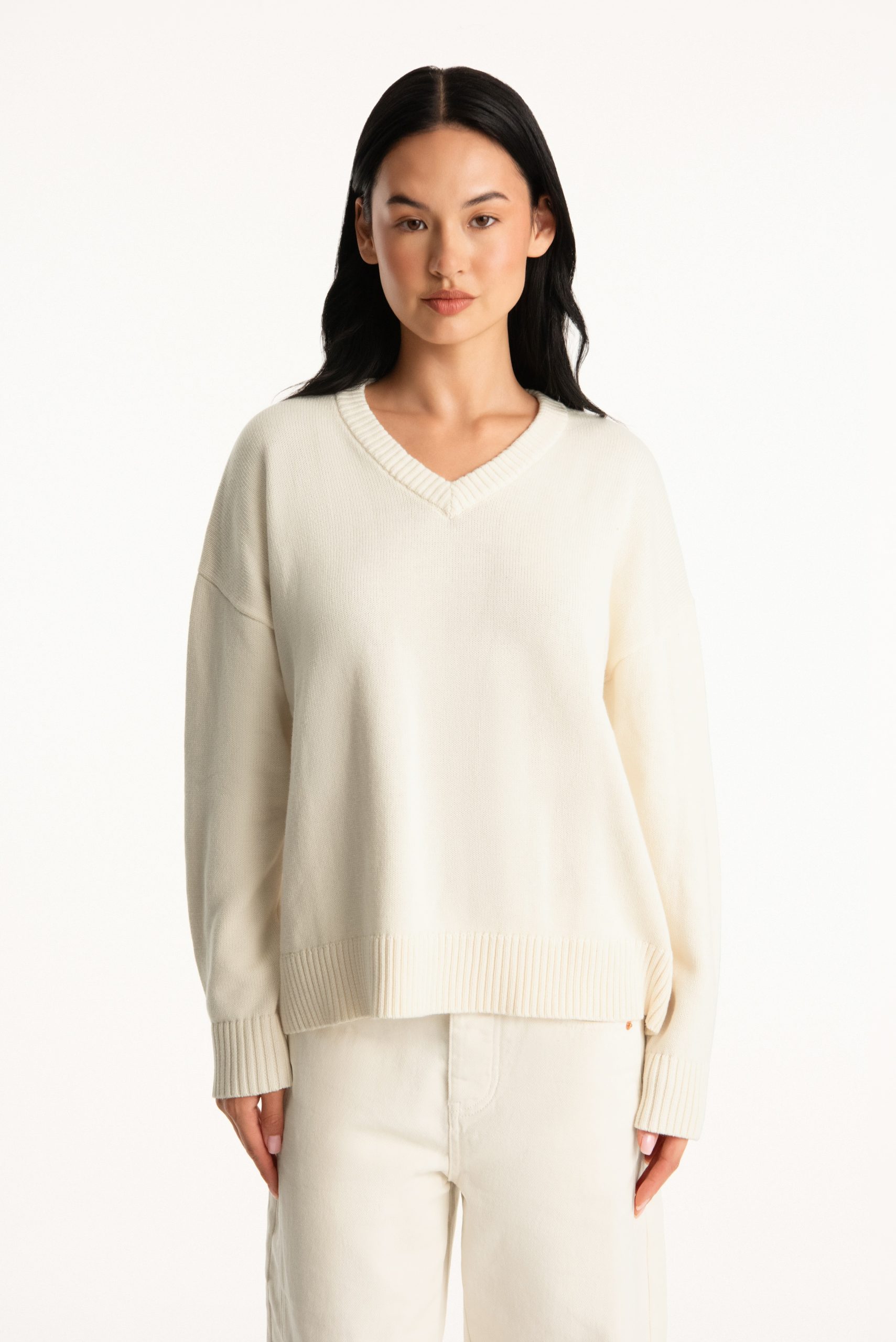 SET X PARKE COTTON V-NECK SWEATER - CREAM